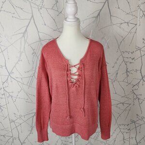 LOFT Coral Pink Ramie Cotton Blend Knit Lace Up Front Sweater